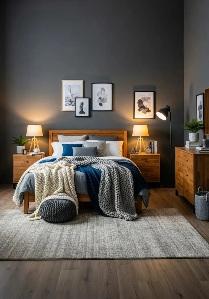 Charcoal and wood bedroom creating a cozy moody and warm space