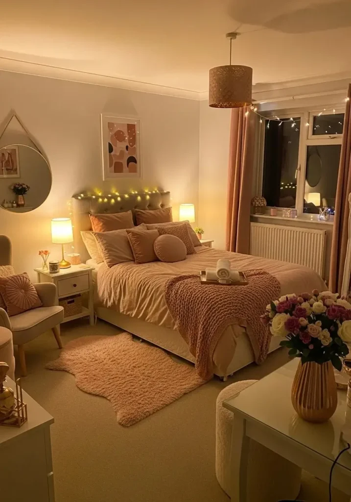 Bedroom with warm lighting creating a cozy relaxing atmosphere