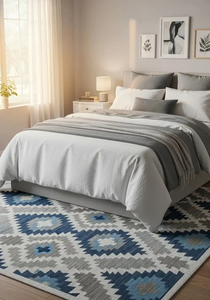 Patterned french blue rug under bed adding warmth and depth to the bedroom floor