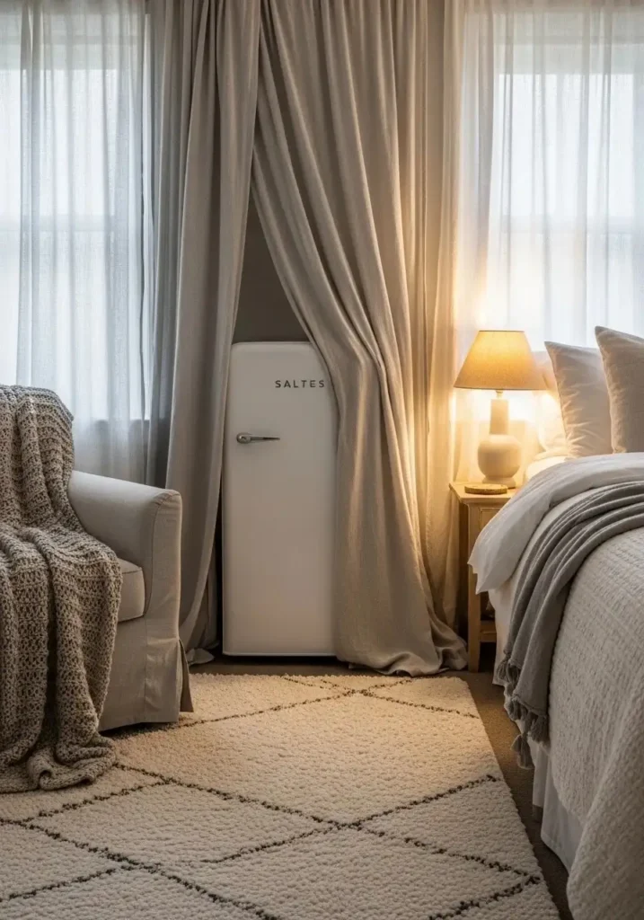 mini fridge hidden behind curtain cozy bedroom idea