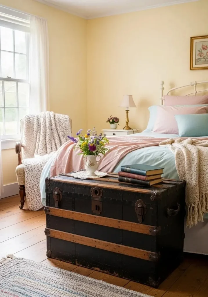 Vintage cottage bedroom with wooden trunk for storage and decorative display at the foot of the bed.
