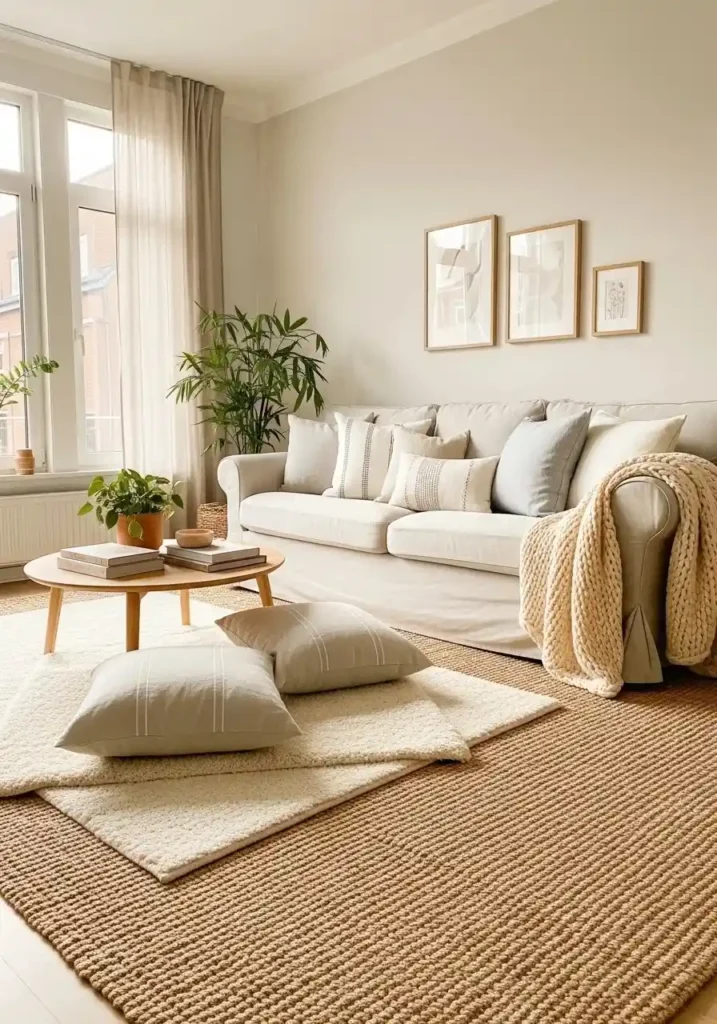 Japandi living room with layered textures: linen cushions, cotton throw, and woven rug.