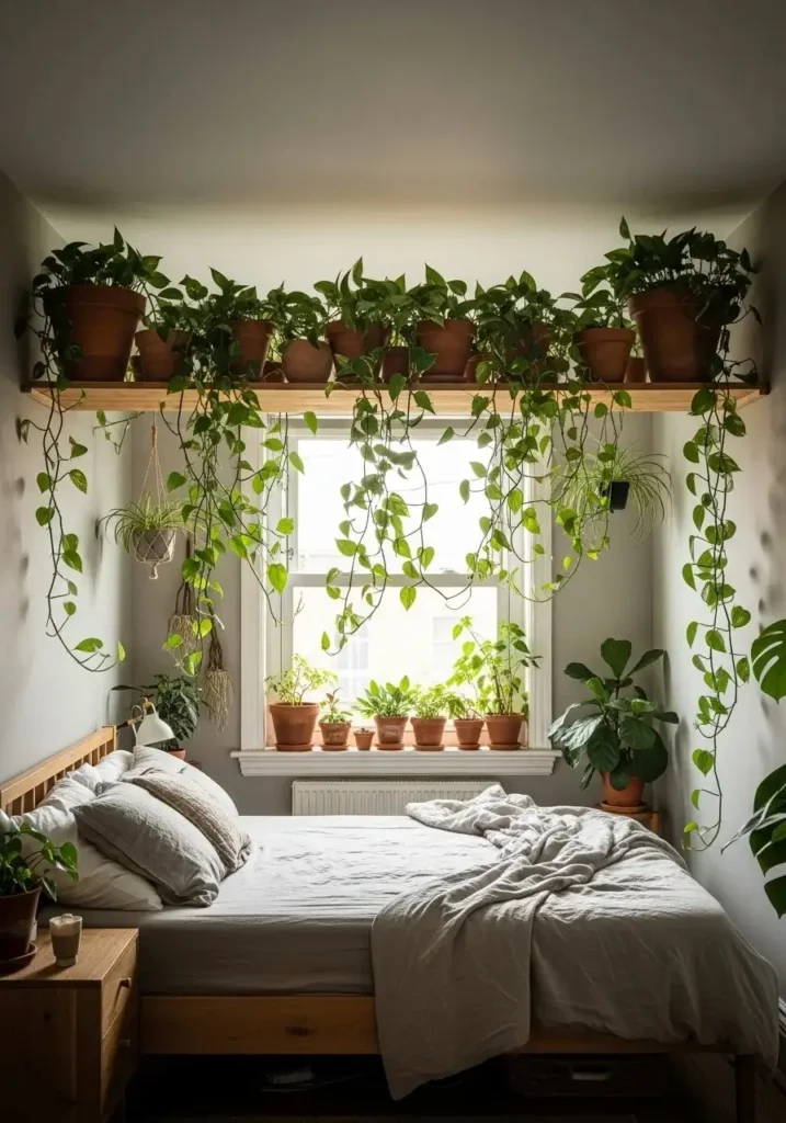 boho coastal bedroom with natural greenery and relaxed plant styling
