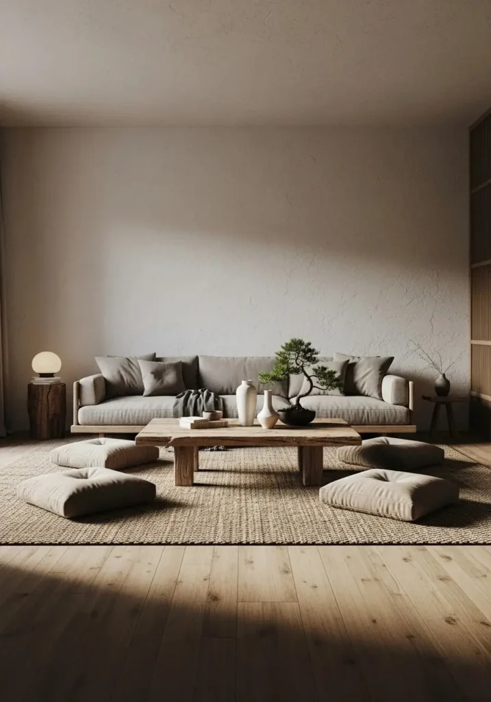 low furniture wabi sabi living room with floor seating and low table