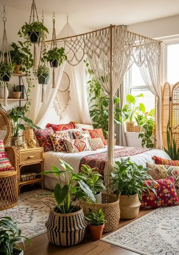 Boho canopy bed with macrame curtains, vibrant cushions, and hanging greenery in a bright bedroom.