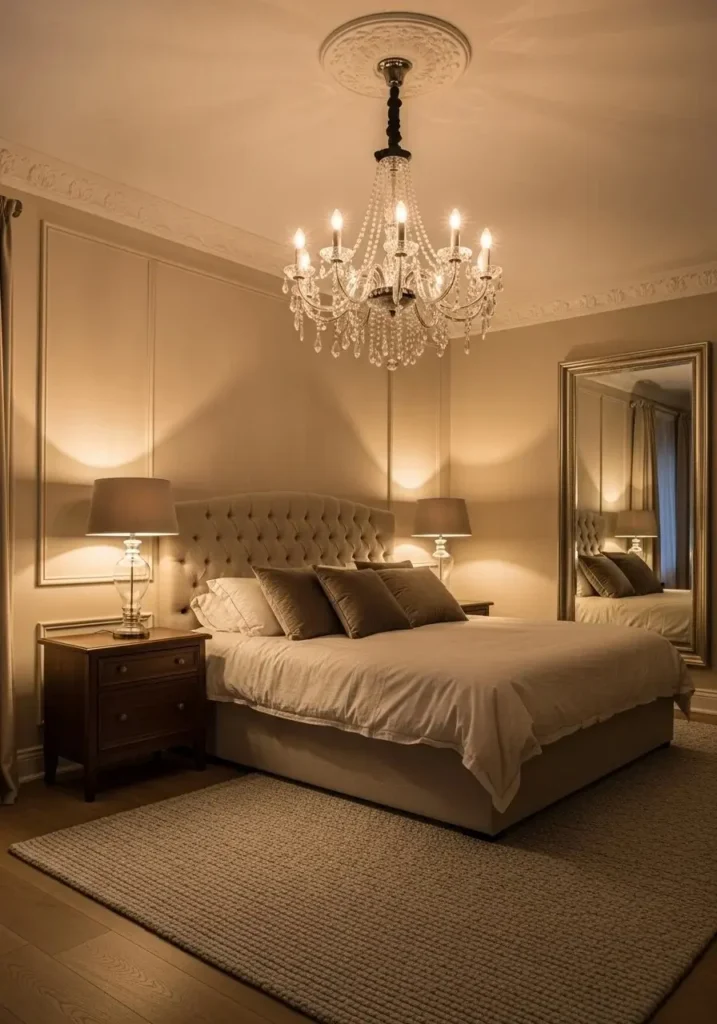 french provincial bedroom soft lighting chandelier warm glow
