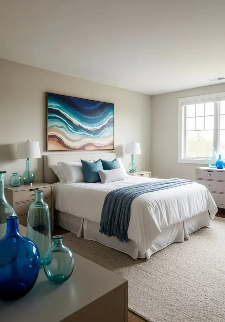 boho coastal bedroom with subtle ocean tones and soft blue accents