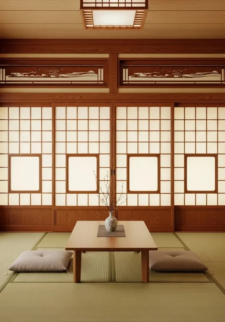 Shoji screen panels in a Japanese living room adding softness and structure