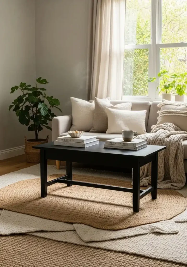 Black furniture placed on textured rugs, adding depth, warmth, and contrast to a modern living room.