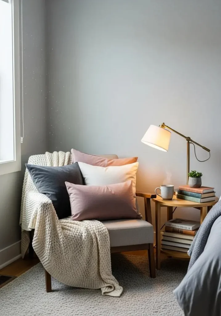 Cozy reading nook in a grown woman’s bedroom with armchair, layered pillows, throw, and warm lighting.