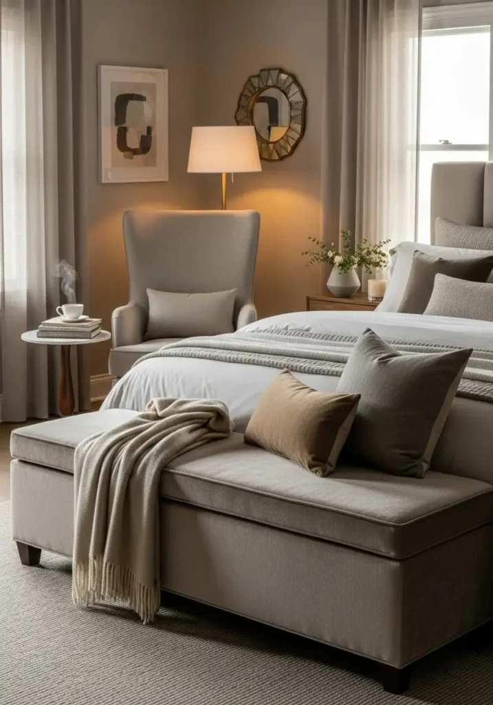 “ceramic vases, glass bottles, vintage tray styling on dresser, soft decor”