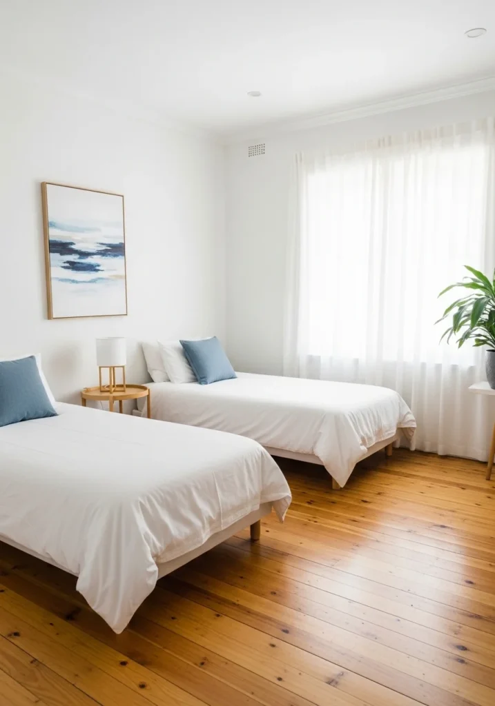 Minimal twin bed guest bedroom layout with uncluttered and calming design