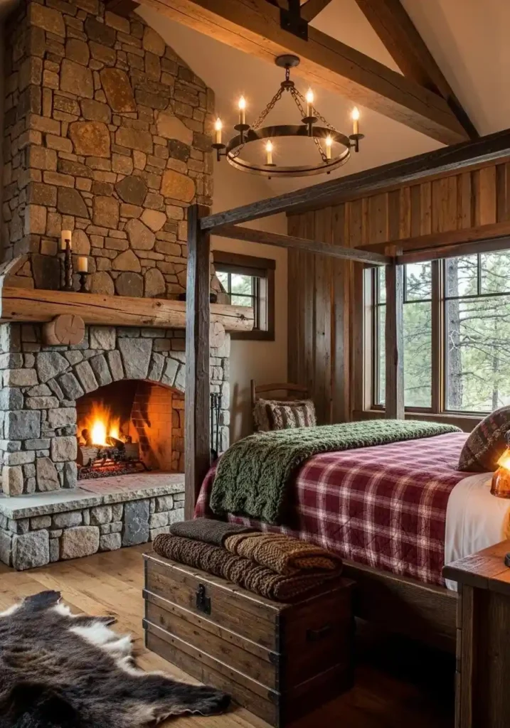 Rustic stone fireplace in bedroom with warm cozy textures