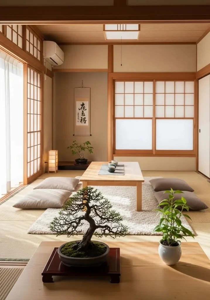 Indoor greenery in a Japanese living room creating a calm and natural feel