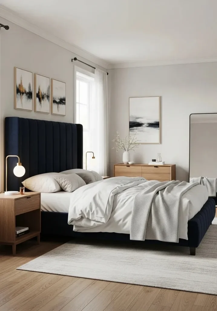 Chic bedroom featuring a tall navy velvet headboard with minimal bedding and elegant, grown woman style