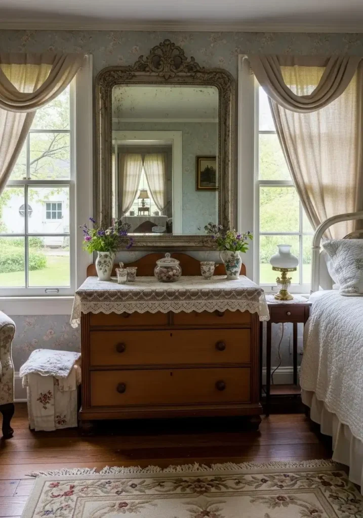 Vintage cottage bedroom with ornate mirror above dresser, reflecting light and enhancing space.