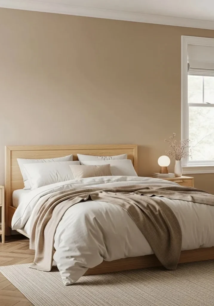 Beige and white bedroom color combination creating a calm and cozy atmosphere