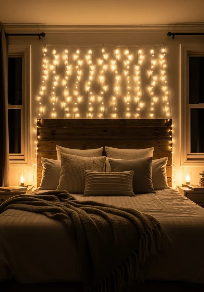 Warm string lights glowing behind headboard creating a cozy bedroom atmosphere