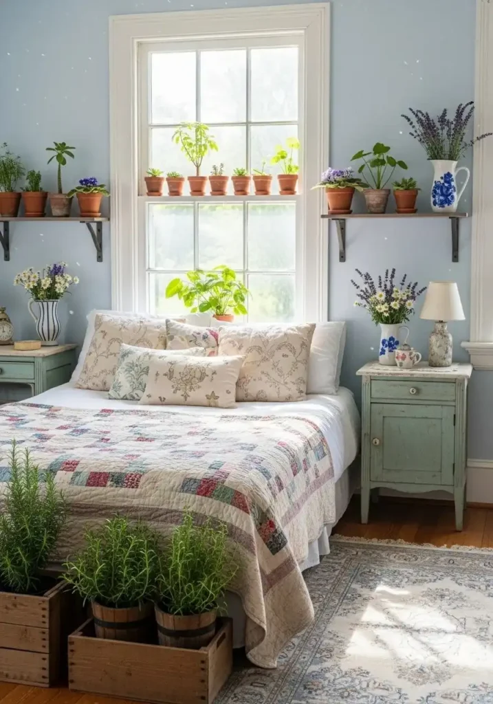 Vintage cottage bedroom with plants, flowers, and rustic pots adding greenery and charm.
