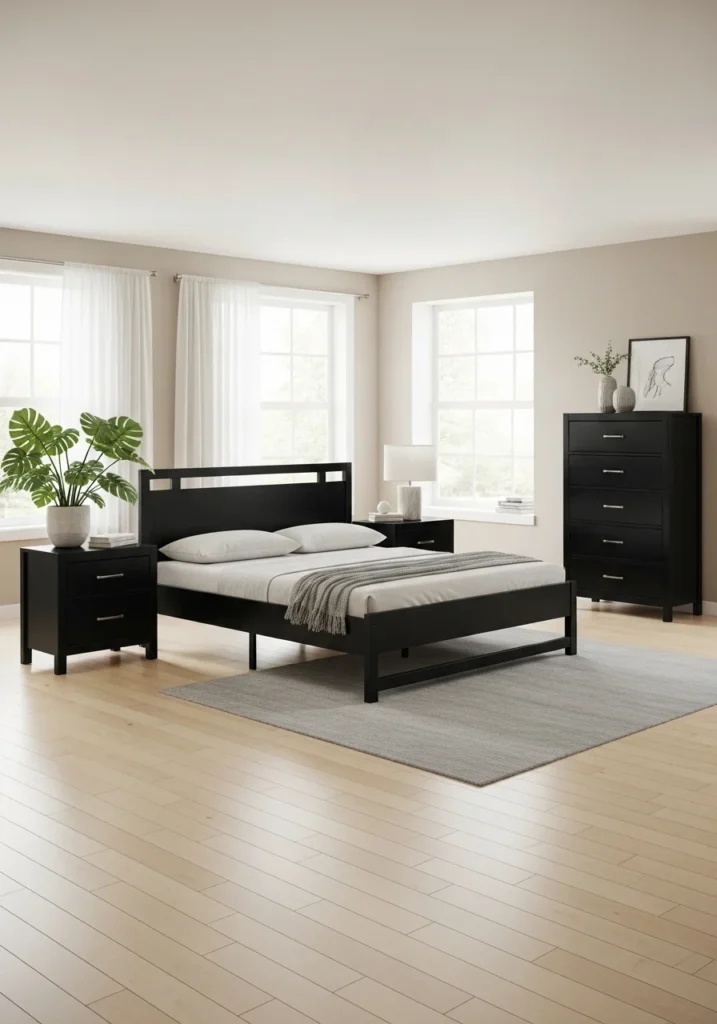 black furniture with light flooring balanced bedroom idea