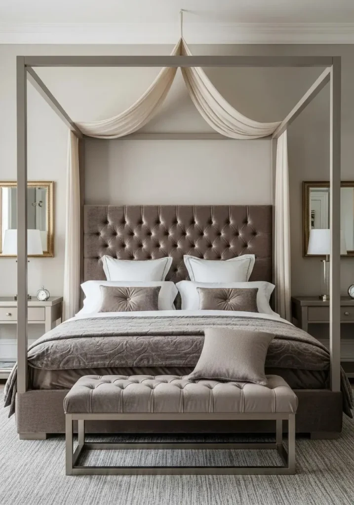 Upholstered canopy bed with velvet headboard and soft bedding for a luxurious bedroom feel.