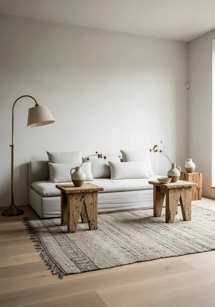 wabi sabi living room with negative space and uncluttered layout