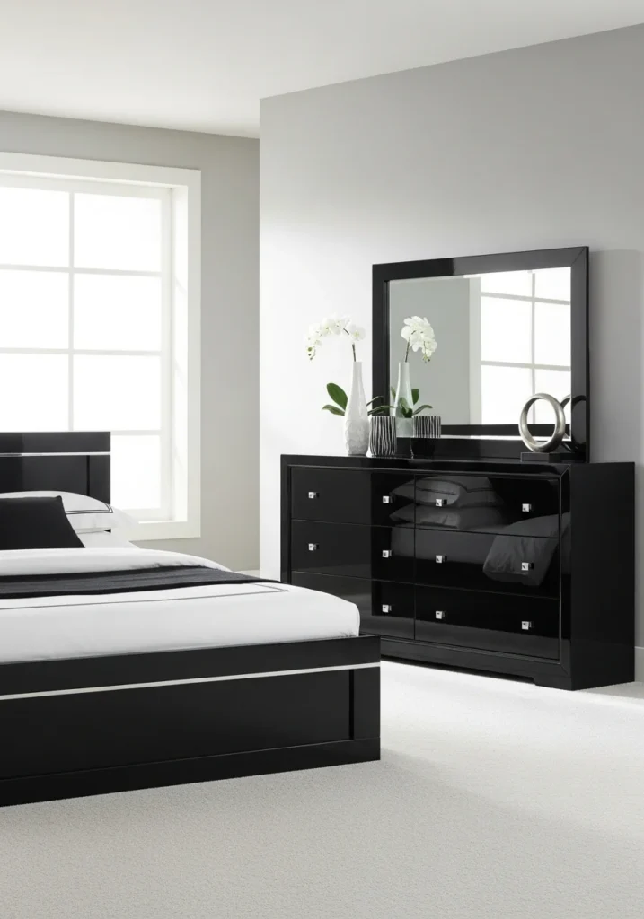 black furniture bedroom with mirror light reflection idea