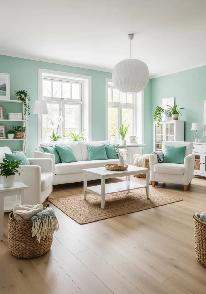 Mint green and white living room with airy, fresh vibe.