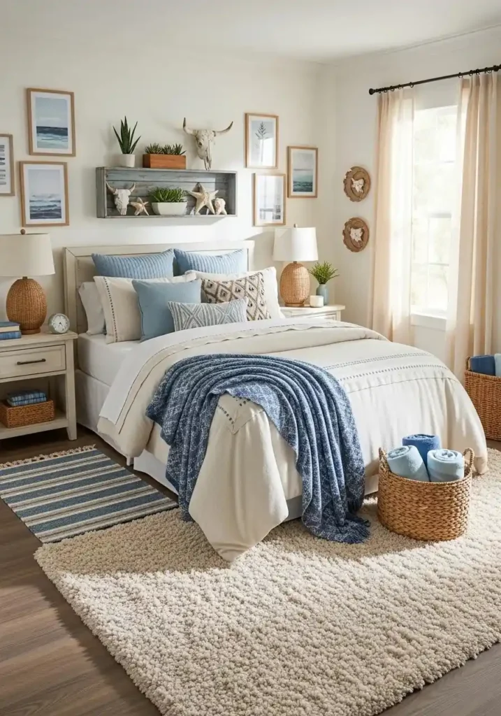 Coastal cowgirl bedroom blending soft coastal blues and sandy tones with warm western neutrals.