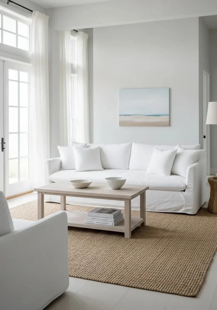 Linen sofa in beach living room creating relaxed and cozy comfort