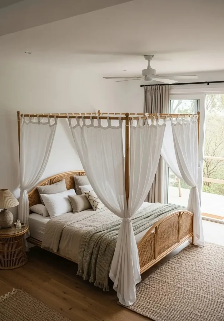 Outdoor-inspired canopy bed with natural fibers and linen drapes for a fresh, airy bedroom.