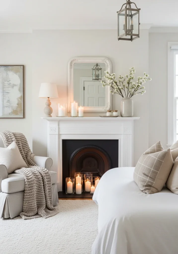 White mantel fireplace in cozy bedroom with classic decor