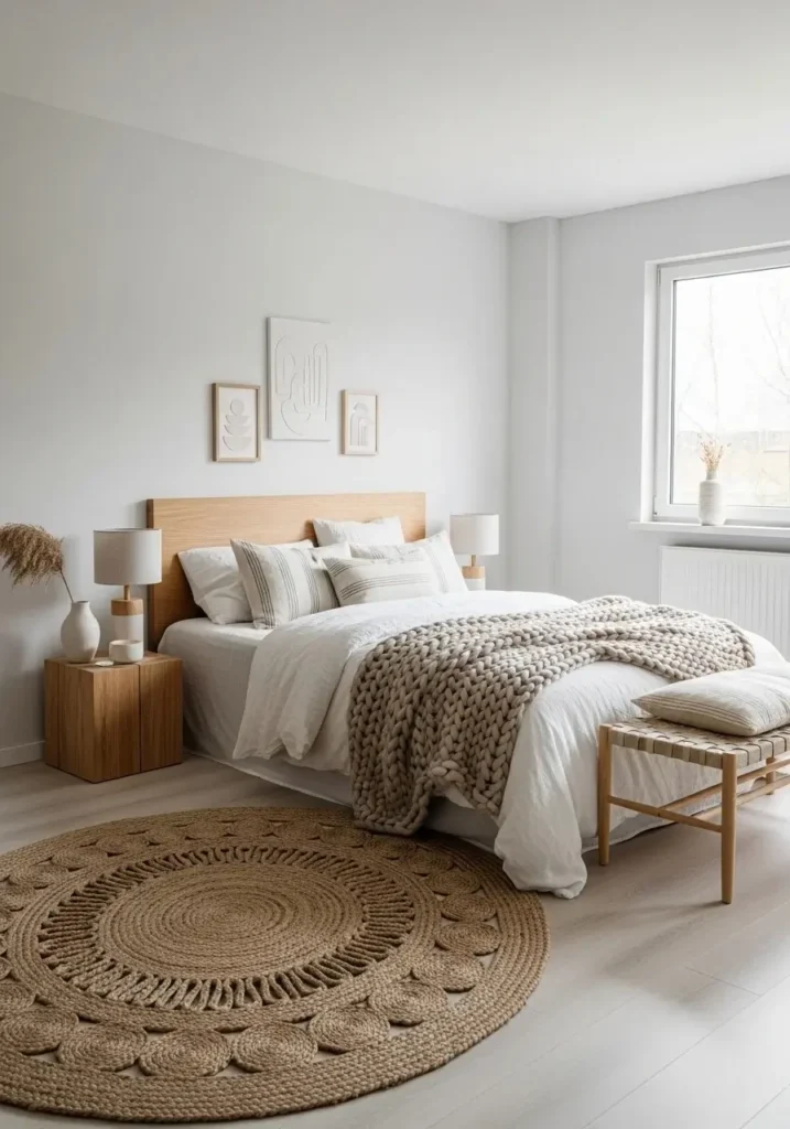 Textured Japandi bedroom with layered linen, wool, and jute materials in soft neutral tones.