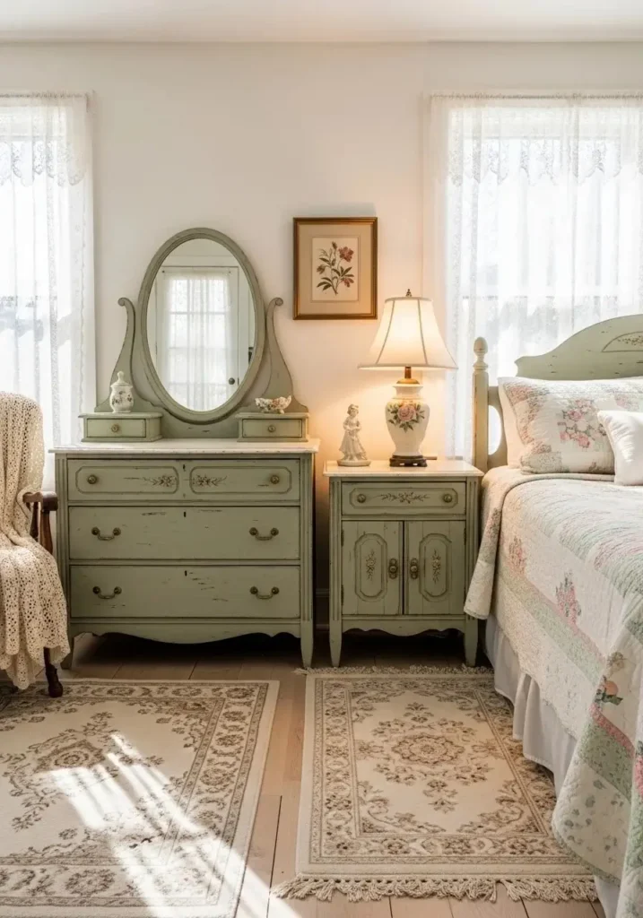 Vintage distressed wooden dresser and nightstand with soft rugs in a charming cottage bedroom.