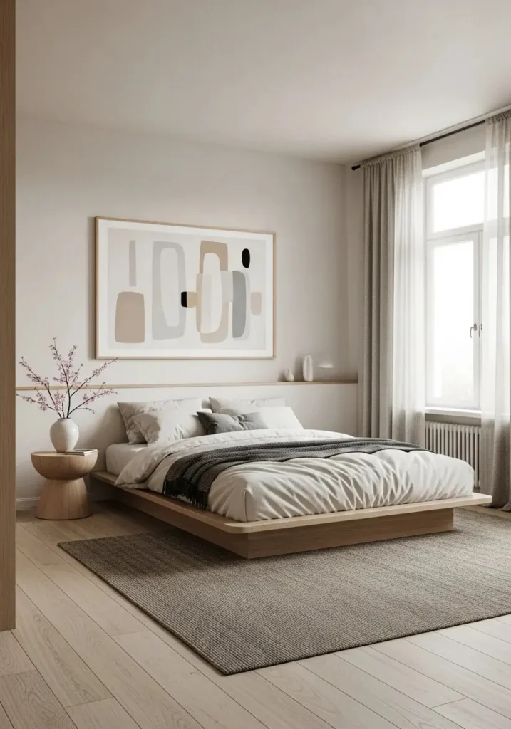 Minimalist Japandi bedroom wall featuring one simple piece of art.