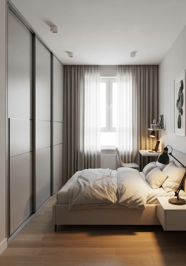 Space-saving sliding wardrobe doors in a small modern bedroom