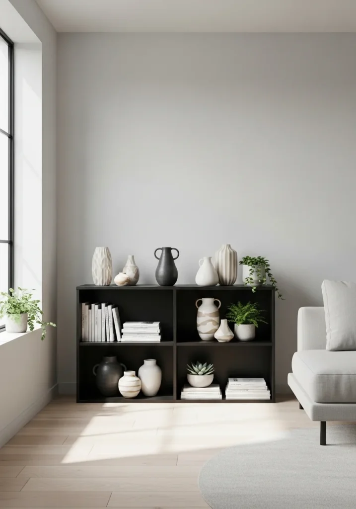 Black shelving unit displaying books, ceramics, and plants, offering chic storage and visual order in the living room.