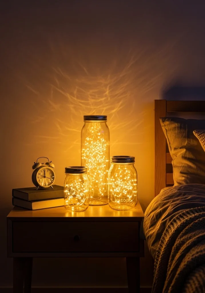 Mason jars with fairy lights creating soft glowing bedside decor