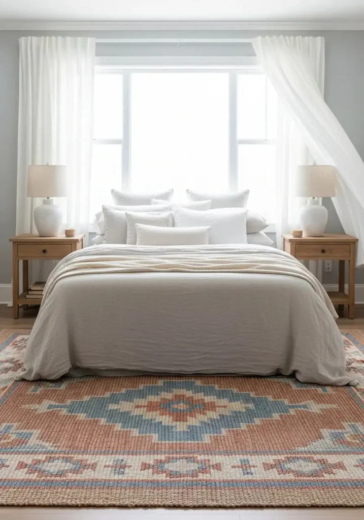 Coastal cowgirl bedroom with a southwestern patterned rug blending coastal and western styles.