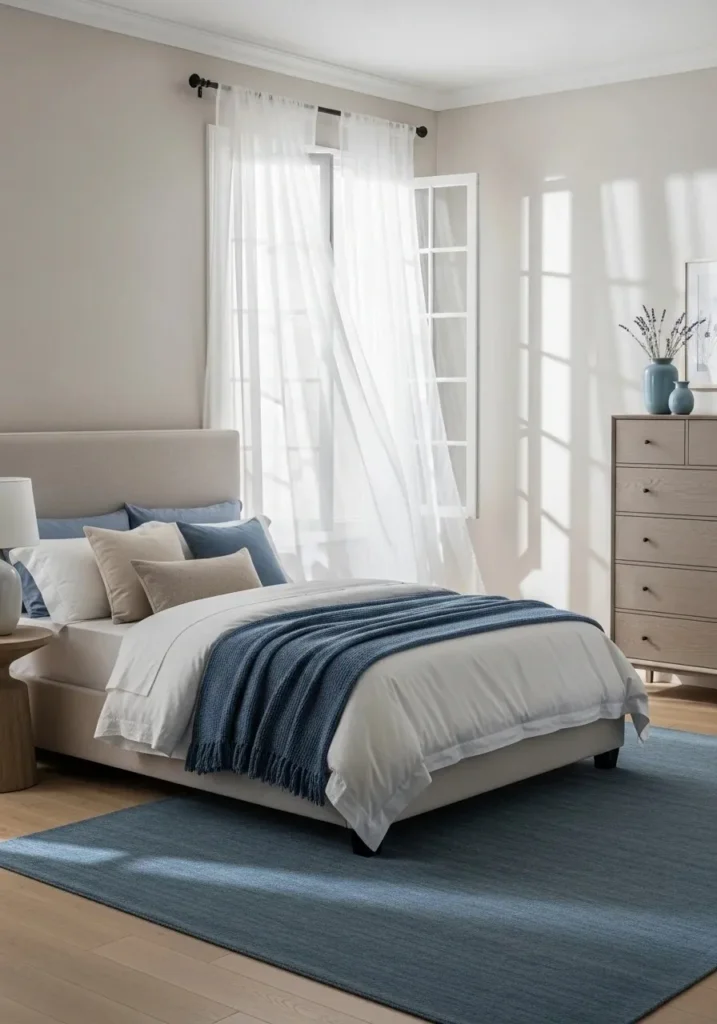 Sheer white curtains letting natural light through in a french blue accented bedroom