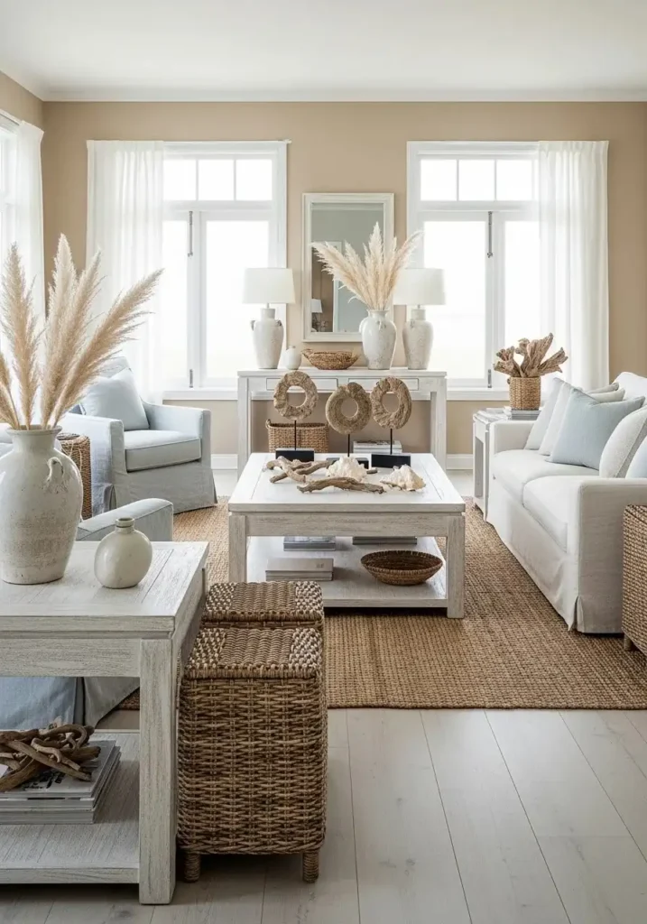 Whitewashed furniture in beach living room creating a sun-kissed relaxed feel