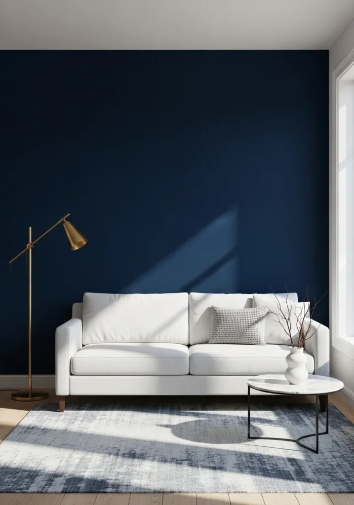 Elegant living room with navy accent wall, white sofa, and gold accents.