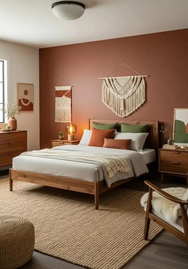 Urban bronze bedroom with warm wood furniture and natural textures