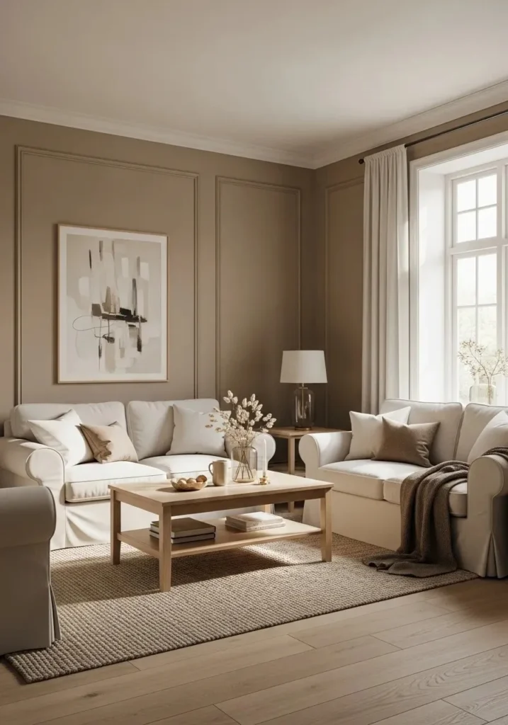 Japandi living room with soft neutral palette, beige walls, white sofa, and light wood accents.