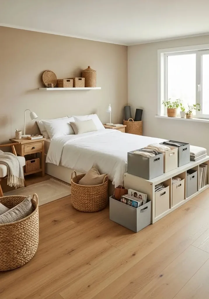boho coastal bedroom storage with woven baskets and soft neutral organization