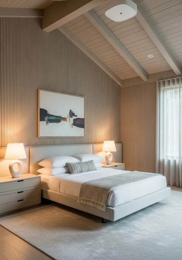 vertical paneling vaulted ceiling bedroom design idea