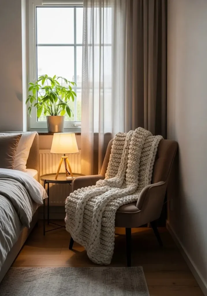 boho coastal bedroom corner with cozy chair and soft lighting for relaxation