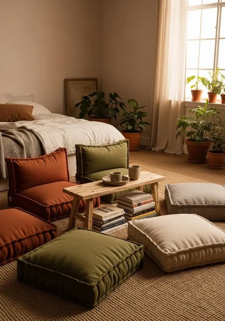 boho coastal bedroom with low seating and grounded decor creating a relaxed feel