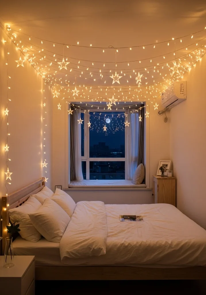 String lights canopy above bed creating a magical starry night effect