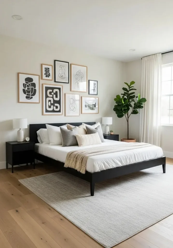 black furniture bedroom with gallery wall decor idea